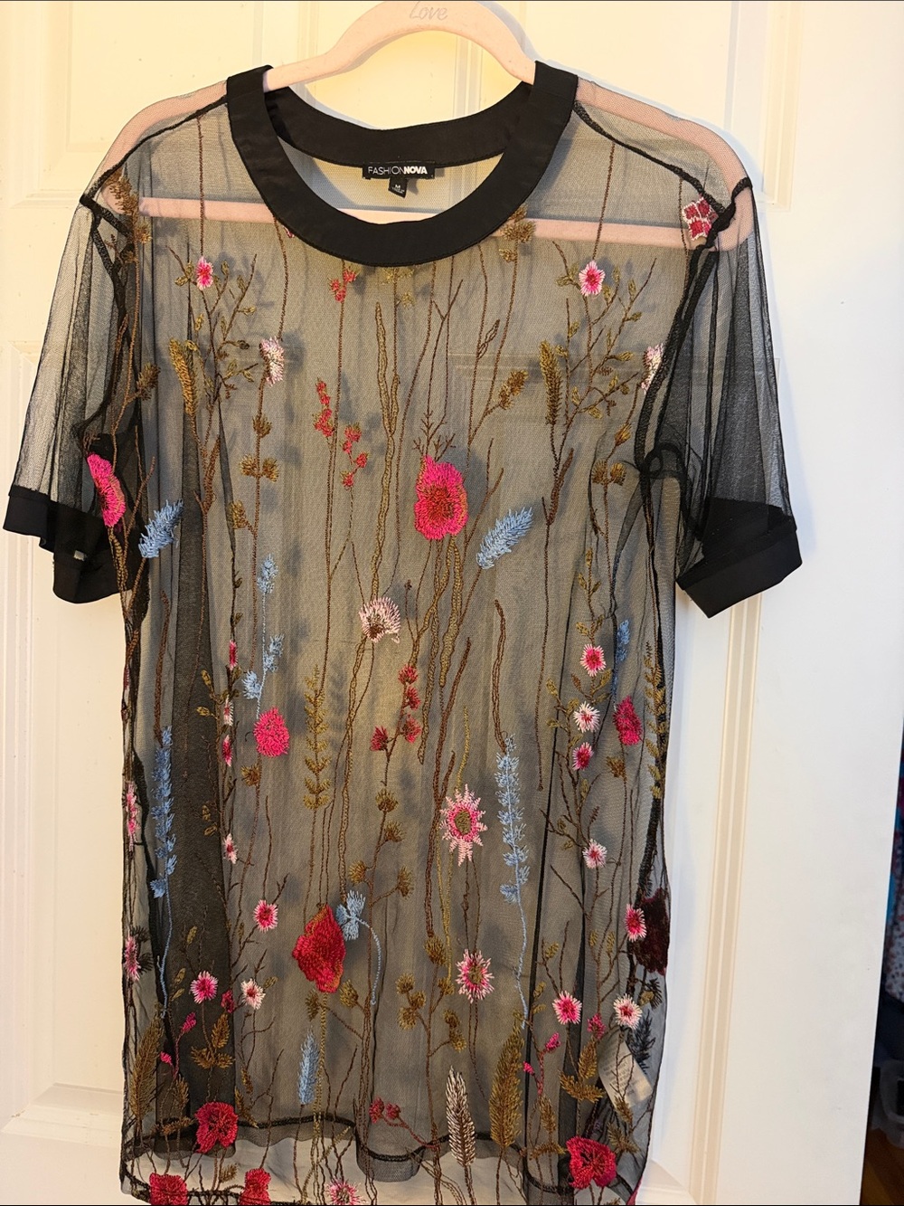 Fashion Nova Sheer Mesh Tunic Top medium floral Embroidered Butterfly Whimsigoth